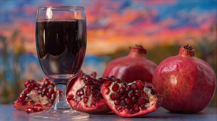 Ruby red pomegranate juice in a glass goblet.