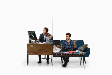 Stressed office employee contrasted with confused remote worker discussing tasks. Concept of HR communication, digital transformation, hybrid work models and burnout awareness. Graphic artwork
