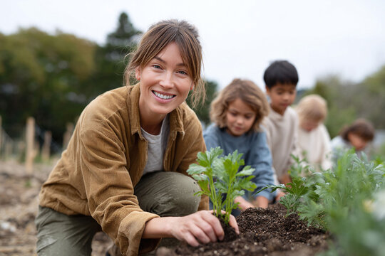 Smiling woman planting seedlings with diverse children. Community garden, education, sustainability, and growth themes. Perfect for ecofriendly projects. - Powered by Adobe