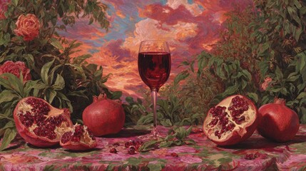 Pomegranates and wine glass against a sunset backdrop.