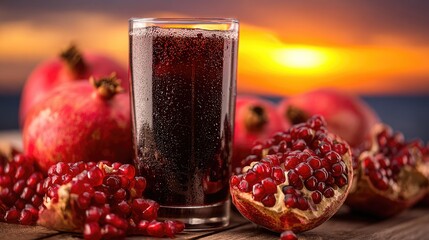 Pomegranate juice and fresh fruit.