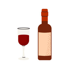 Vector illustration of a red wine bottle and glass in a flat style. Isolated element for menu design, restaurant, bar graphics, packaging, food projects and drink-themed layouts.