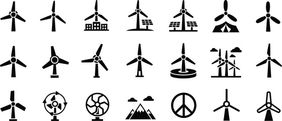Wind turbine icon set, renewable energy silhouettes, eco friendly power generation symbols, sustainable electricity vector illustration, environment protection 