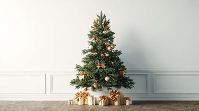 Christmas tree with golden star and presents on floor in empty room, 3D rendering illustration for banner design, high quality with copy space as Christmas background.