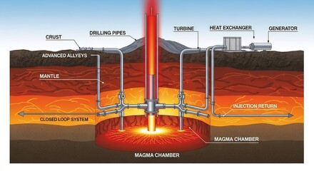 Volcanic geothermal energy diagram showing magma chamber pipes turbine  generator within Earth layers