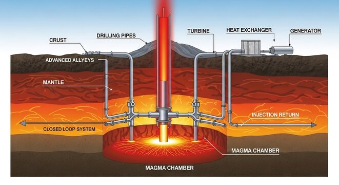 Volcanic geothermal energy diagram showing magma chamber pipes turbine  generator within Earth layers