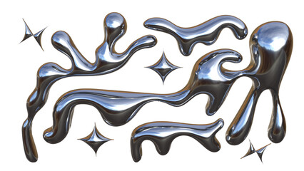 3D Chrome Metal Liquid Fluid Mercury Silver Glossy Organic Shapes and Stars – Abstract Futuristic...