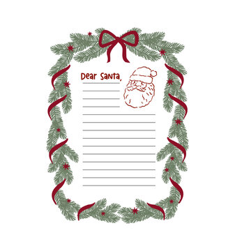 Dear Santa letter template. Christmas holiday card design. Blank Christmas paper. Flat vector illustration.