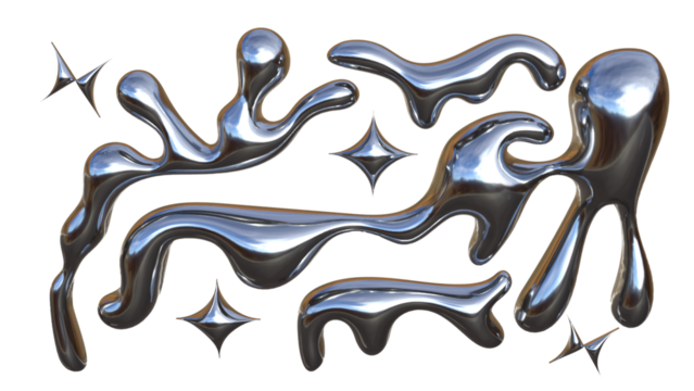 3D Chrome Metal Liquid Fluid Mercury Silver Glossy Organic Shapes and Stars – Abstract Futuristic Metallic Blob Drip Design, Reflective Gradient Aluminum Texture Element for Modern Brutalist Artwork