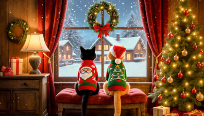 Obraz premium Gatti A Natale Di Fronte Ad Una Finestra 