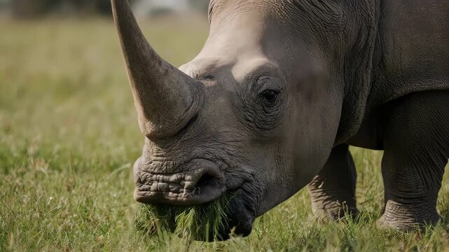 A close-up shot of a rhinoceros grazing in a green pasture