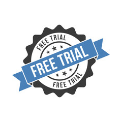 Free Trial Badge with Blue Ribbon and Stars in 3D Cartoon Seal Illustration
