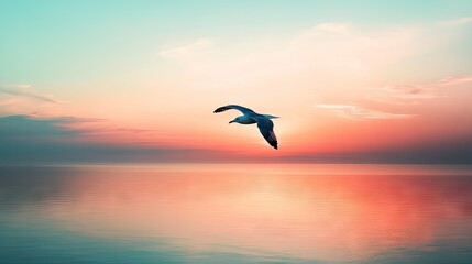 Serene Sunset Over Calm Water with Soaring Bird in the Sky, Reflecting Soft Pastel Colors of Dawn and Nature's Beauty in a Tranquil Scene
