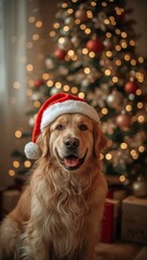 Golden Retriever in Santa Claus hat on Christmas tree background. 