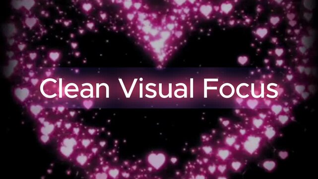 Heart shape formed by pink hearts on black background with white text overlay clean visual focus