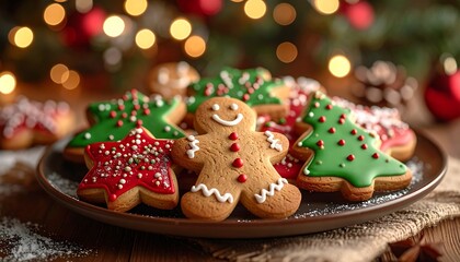 A festive platter of assorted gingerbread cookies, including classic smiling gingerbread men and star shapes, decorated with white, red, and green icing.