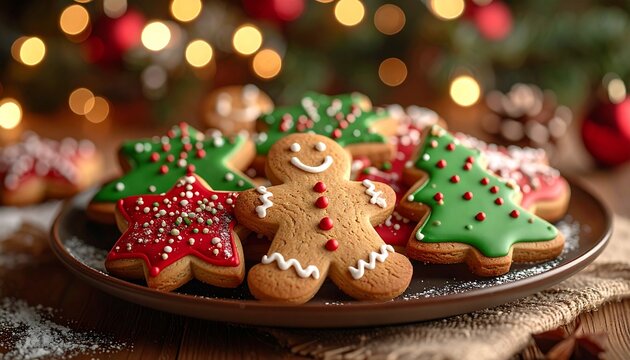 A festive platter of assorted gingerbread cookies, including classic smiling gingerbread men and star shapes, decorated with white, red, and green icing.