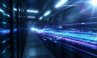Abstract futuristic tunnel with streaking neon lights and digital data flowing fast