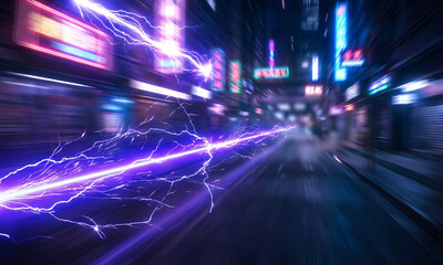 Abstract futuristic tunnel with streaking neon lights and digital data flowing fast