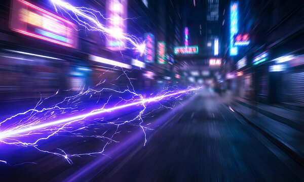 Abstract futuristic tunnel with streaking neon lights and digital data flowing fast