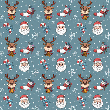 A seamless pattern illustration of Merry Christmas with various icons such as Santa Claus, reindeer, socks, candy, and snow. Great for wrapping paper and tablecloth designs.
