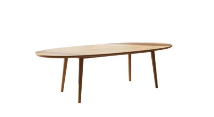 Elegant oval coffee table with wooden legs and top isolated on transparent background for interior design projects