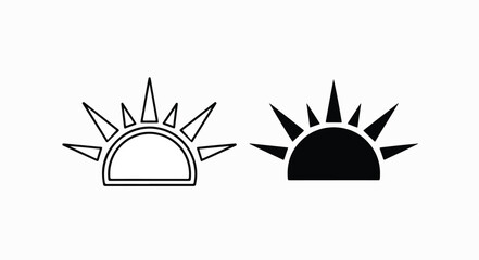 Sunrise Icon Set - Line Art and Black Silhouette Half Sun with Rays