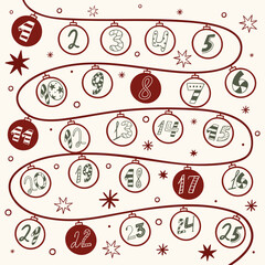 This festive Advent calendar illustration features hand-drawn Christmas ornaments arranged in a playful winding layout.