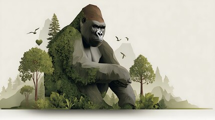 Majestic gorilla merges with nature in a serene forest, symbolizing conservation and wildlife