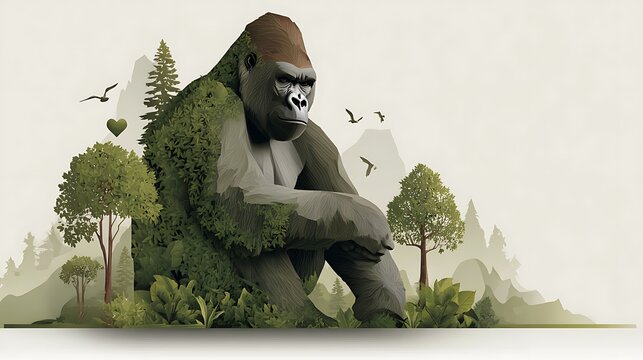 Majestic gorilla merges with nature in a serene forest, symbolizing conservation and wildlife