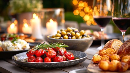 Outdoor dinner party table featuring roasted cherry tomatoes with fresh rosemary, a bowl of assorted olives, crusty bread, and wine glasses, all illuminated by soft candle and fairy lights
