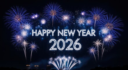 Happy new year 2026 text with vibrant blue fireworks celebration