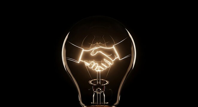 Business partnership concept showcased with handshake symbol illuminated within light bulb against plain background idea agreement