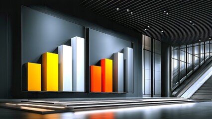 Abstract bar chart visualizing financial data and market trends in a sleek, contemporary corporate interior, symbolizing business success and progress