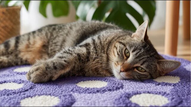 Cozy Cat: A domestic tabby cat finds a haven of comfort on a patterned rug, its gaze both endearing and relaxed as it enjoys a moment of peaceful tranquility.