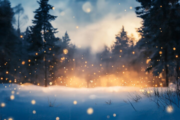 Fototapeta premium Golden Sunlight Shining Through Snow-Covered Pine Forest