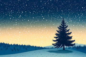 Naklejka premium Peaceful Winter Night Landscape with Snowy Pine Tree under Starry Sky