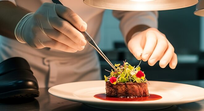 Close up culinary artistry with chef delicately placing edible garnish on gourmet dish showcasing precision skill and gastronomic excellence