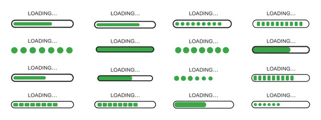 Loading bar icons featuring progress indicators, loading status symbols, and vector illustrations on a white background, perfect for app design, user interfaces