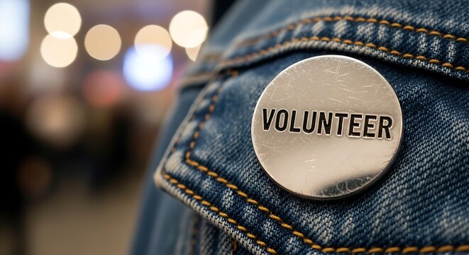 Volunteer badge on jean jacket close up promoting service aid charity contribution support help assistance and community engagement - Powered by Adobe