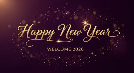 Happy new year 2026 golden script and shimmering light effect