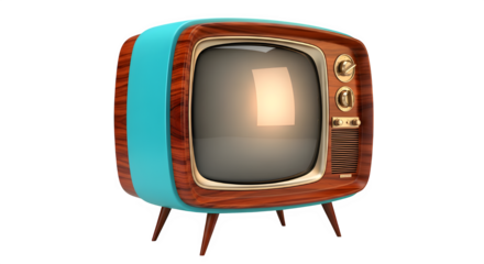 Retro television set with wooden frame and turquoise accents vintage style tv isolated on transparent background