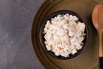 Cottage cheese in clay bowl and wooden spoon on a ceramic plate on gray table. Homemade farm dairy product. Top view