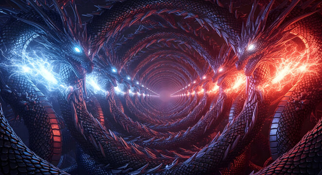 Abstract sci fi tunnel with blue and red lights - Powered by Adobe