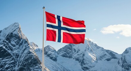 Norwegian flag waving against snowy mountain peaks, symbolizing national identity, travel destinations, Nordic landscapes, winter tourism, heritage and Scandinavian culture