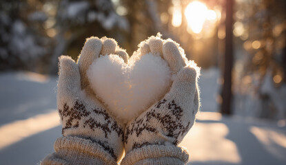 manos con guantes de lana blancos con motivos invernales, sosteniendo un corazon de nieve sobre fondo de bosque al atardecer