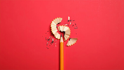 Top-down view of a single yellow pencil and a large, unbroken spiral of wood shavings, set against a vibrant, solid red background, symbolizing creativity or broken plans.