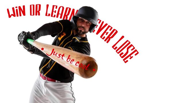 Video banner. Baseball batter swinging bat with confident emotion and bold inspirational lettering. Concept of fitness messaging, motivational design, sports branding and athletic confidence visuals.