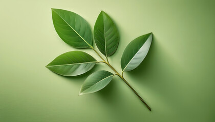 Naklejka premium Top-down studio shot of a single green leafy branch with smooth leaves and visible veins, set against a solid, soft pistachio green background with copy space.