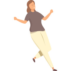 Joyful Woman Dancing Enthusiastically With Arms Raised In Celebration Wearing Casual Trousers and TShirt Against A White Background Full Body Shot